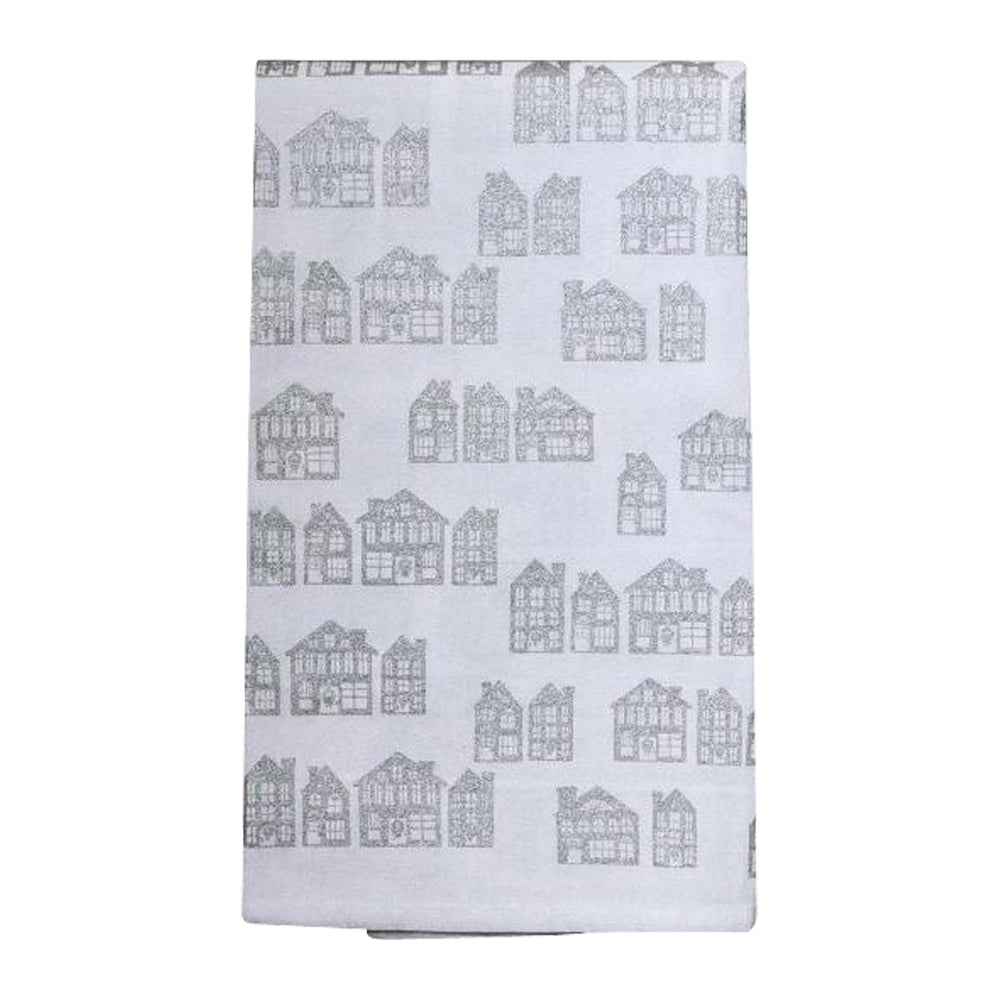 The Holiday Houses Flour Sack Kitchen Towel from Muse Textiles, featuring small, repeating house illustrations in light gray on a folded white background, adds holiday charm to your kitchen while being made from eco-friendly materials.