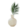 Kalalou Tall Stone Composite Fluted Bulb Vase with ridge detail and a green palm leaf on white background.