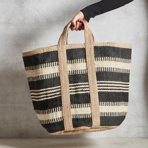 basket bag handles jute woven black ivory