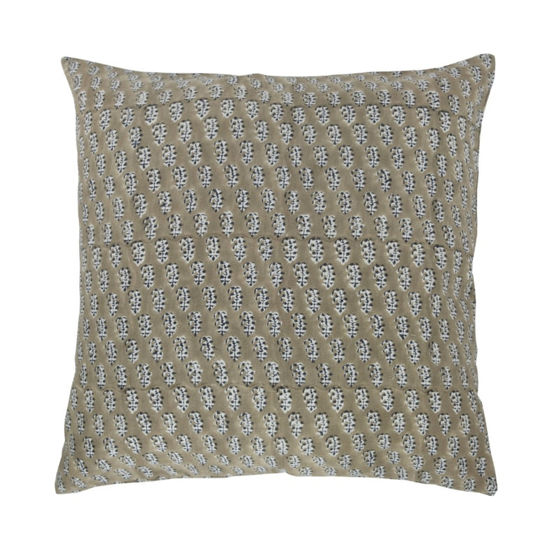 square pillow tan linen white navy block-printed paisley pattern