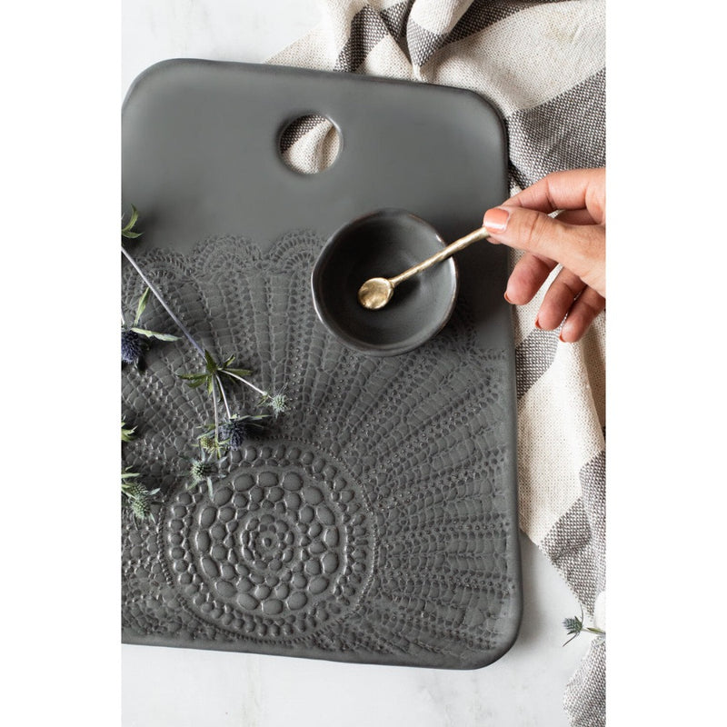 handmade ceramic gray lace detail cheeseboard 