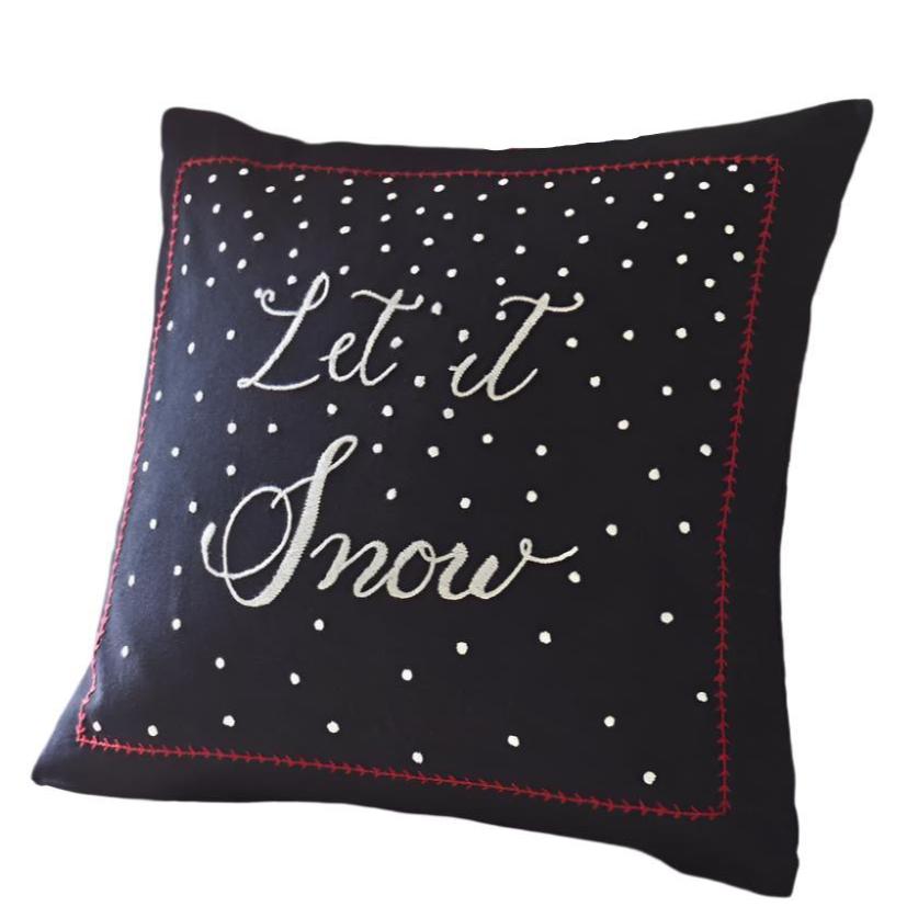 square black linen pillow embroidered Let it Snow