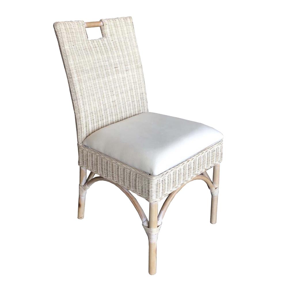 white washed rattan wicker dining chair off-white seat cushion