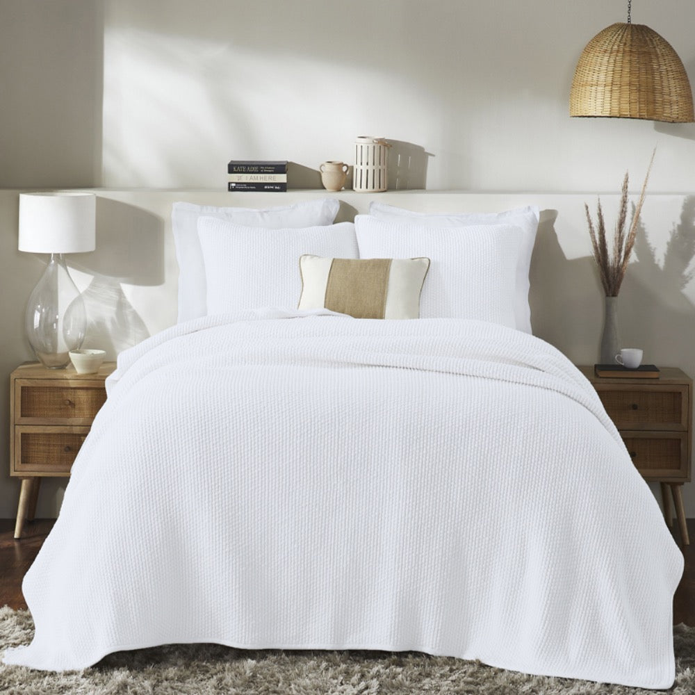 white popcorn ribbed cotton weave queen king coverlet