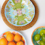 blue green kaleidoscope-like melamine plates