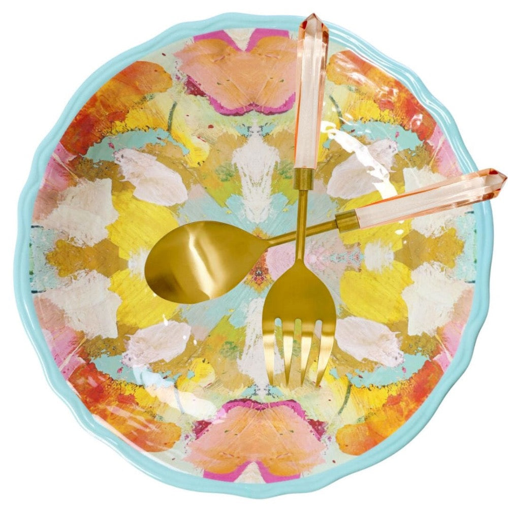 yellow aqua kaleidoscope-like melamine serving bowl