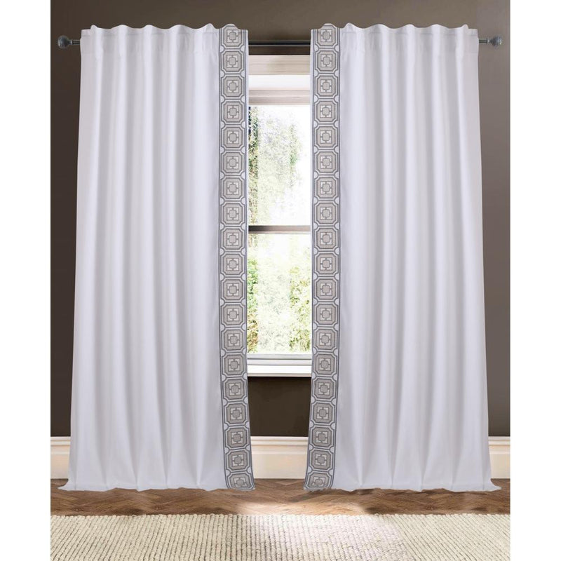 white linen blend drapery panels ivory grey embroidered edge