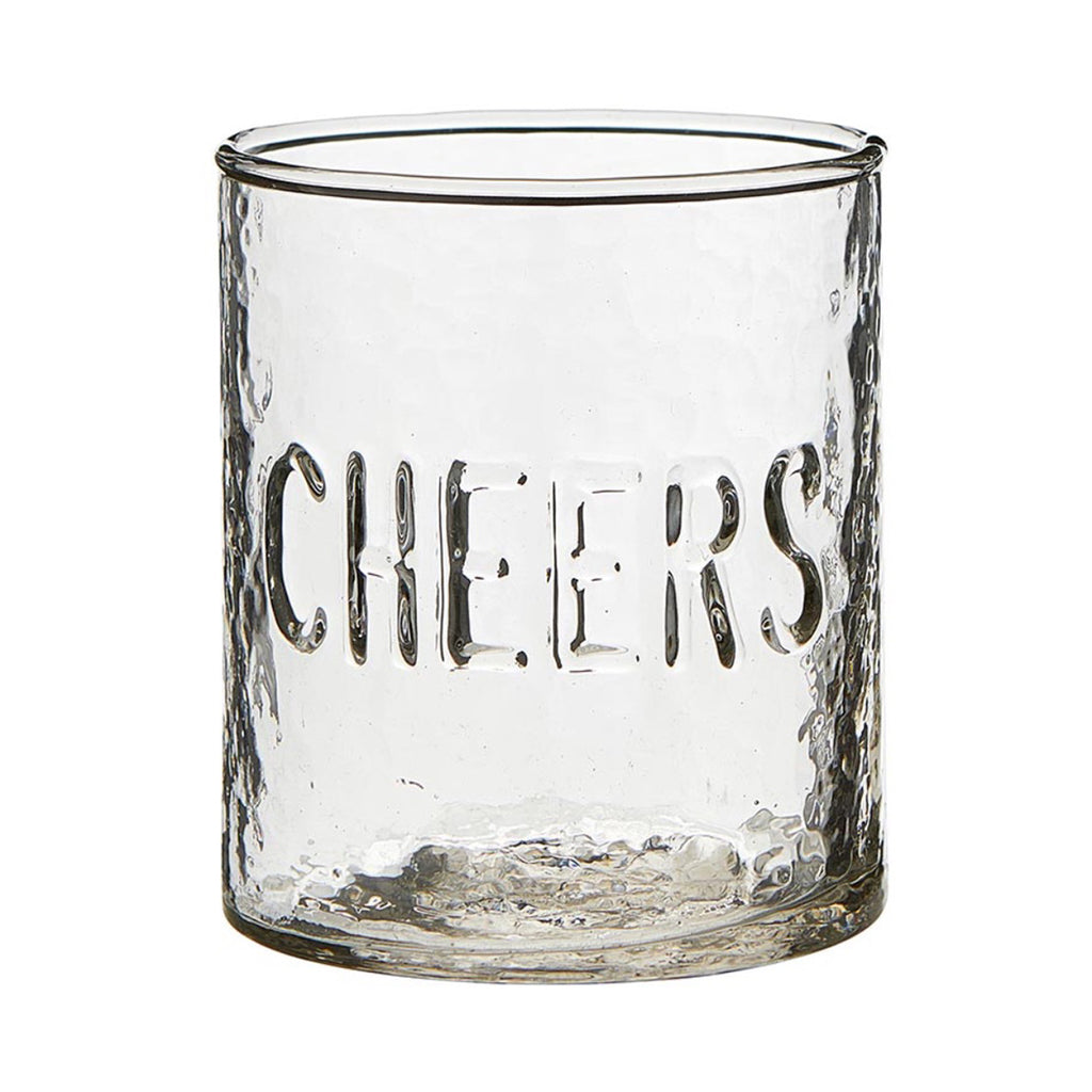 clear rippled glass cocktail glasses embossed word Cheers