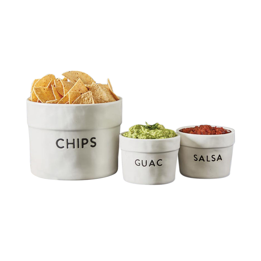 chip dip set white black lettering ceramic