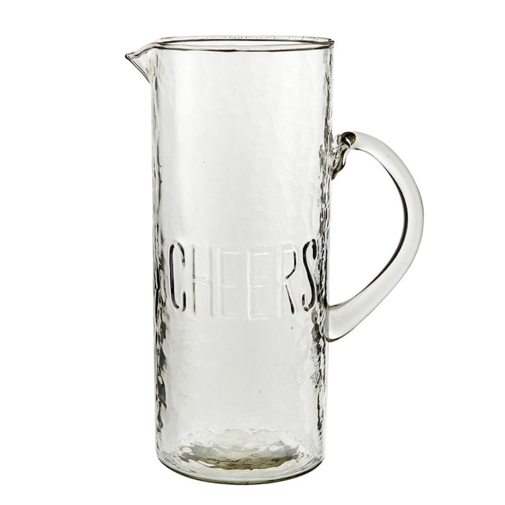 clear rippled glass cocktail pitcher embossed word Cheers