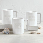 matte off white coffee mug set embossed words Beach Bum