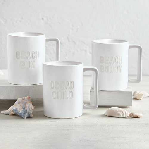 matte off white coffee mug set embossed words Beach Bum