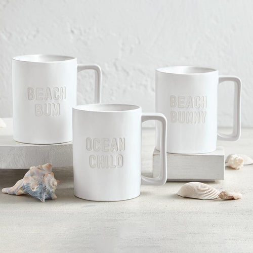 matte off white coffee mug set embossed words Beach Bunny