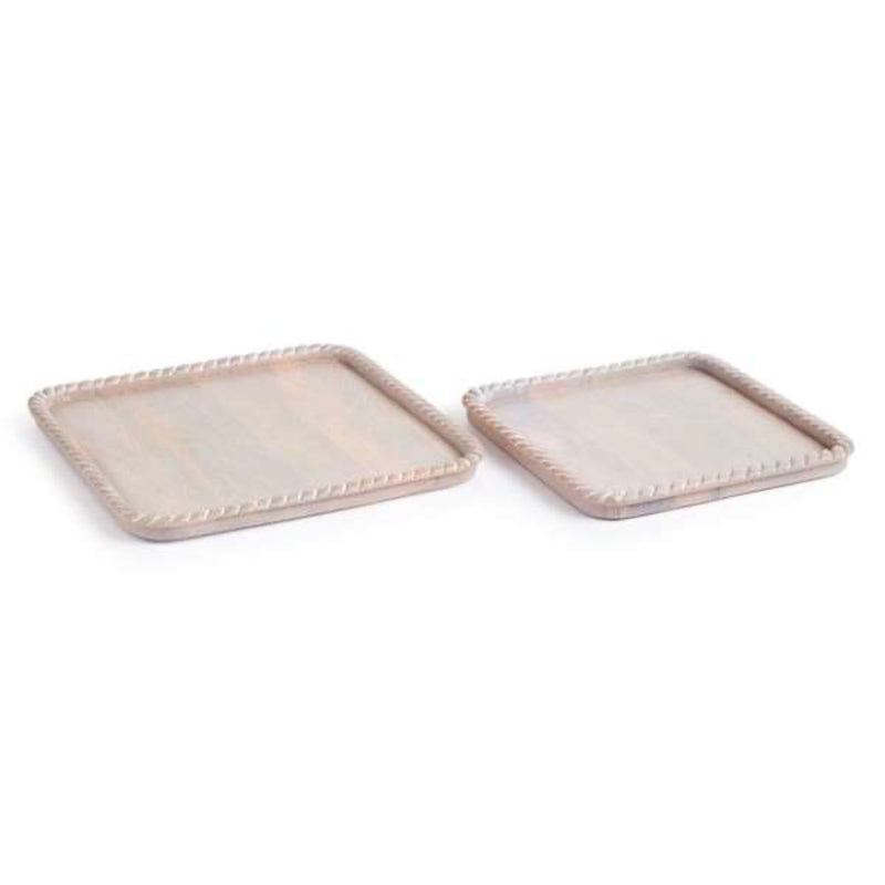 mango wood square tray set beaded edge natural