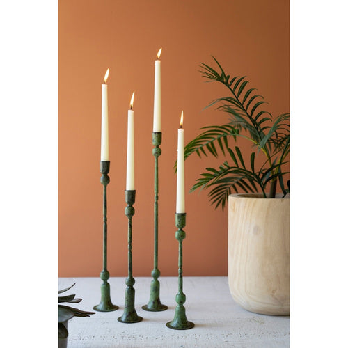 green patina candle holders set forged iron