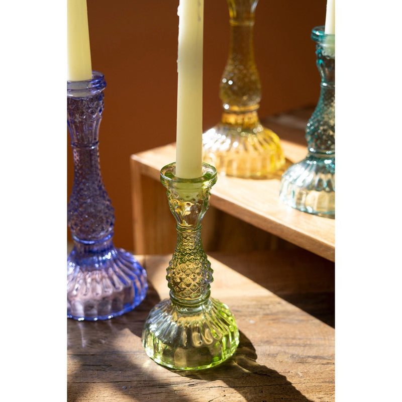 set of 6 colored glass taper candle holders 