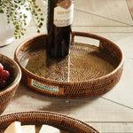 round serving tray woven rattan natural handles