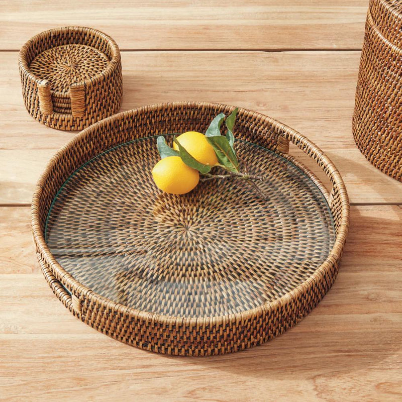 round serving tray woven rattan natural handles