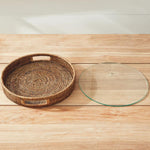 round serving tray woven rattan natural handles