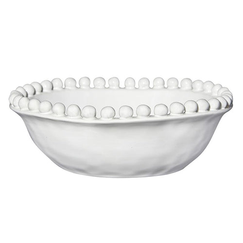 white beaded ceramic serving bowl round