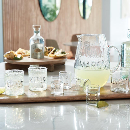 clear rippled glass margarita pitcher embossed word Margs