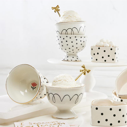 ceramic ice cream bowl set polka dot black white 