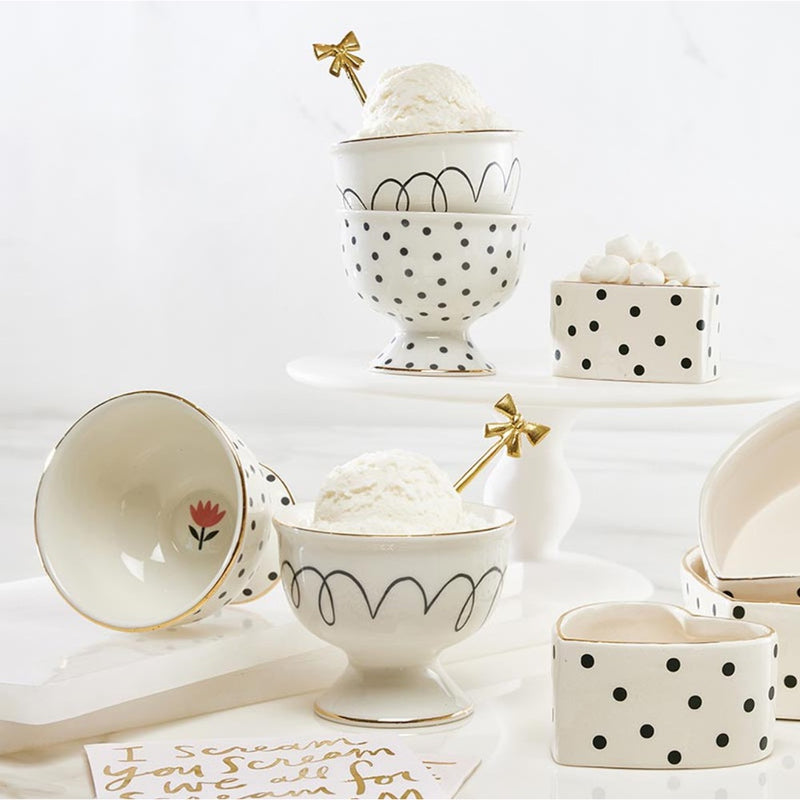 ceramic ice cream bowl set squiggles black white 