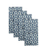 Four Sora Block Printed Napkins by Allem Studio, blue geometric pattern, 100% cotton, neatly overlap.