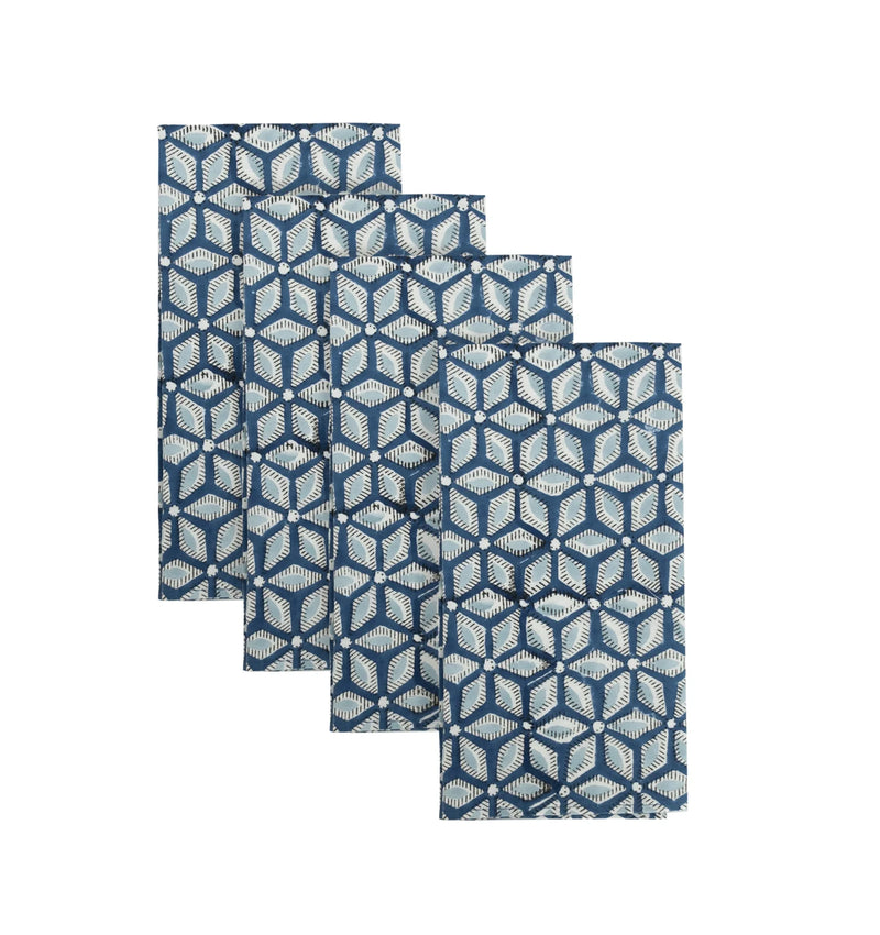 Four Sora Block Printed Napkins by Allem Studio, blue geometric pattern, 100% cotton, neatly overlap.