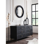 channel stitched black leather 6-drawer dresser splayed legs brass pulls