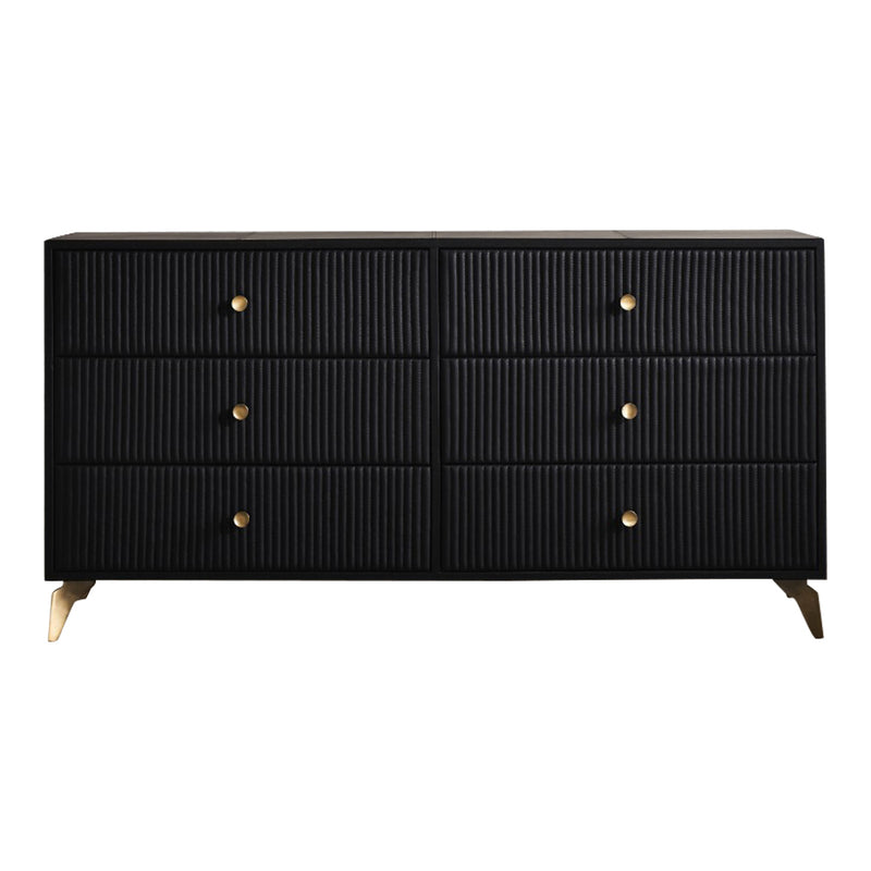 channel stitched black leather 6-drawer dresser splayed legs brass pulls