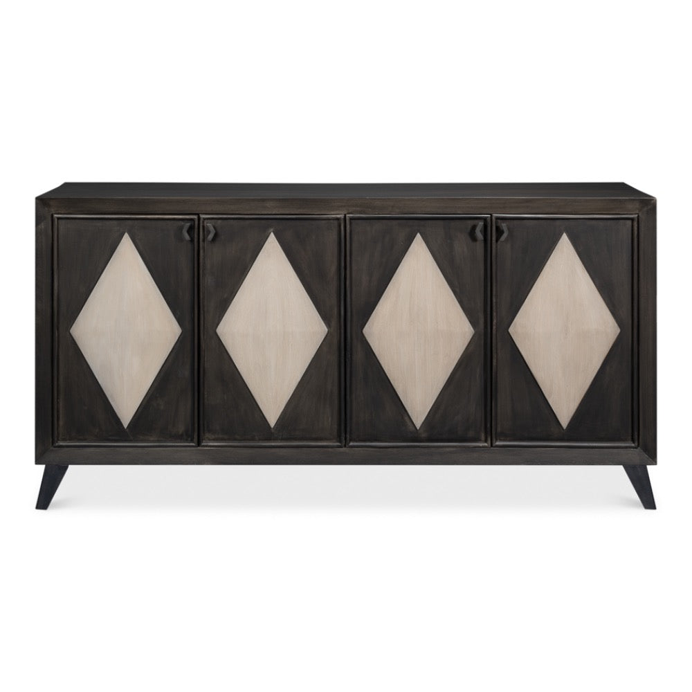 dark grey wood sideboard doors raised ivory diamond panels splayed legs