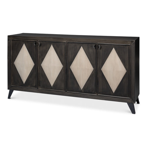 dark grey wood sideboard doors raised ivory diamond panels splayed legs