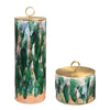 set 2 ceramic canisters gold metal lids abstract design green streaks