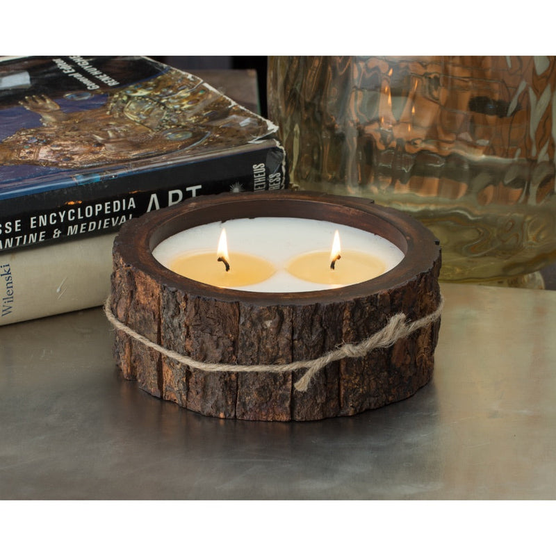 flat round brown wood candle