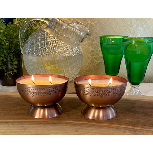 candle bowl pedestal copper patina 2 wick etched rim