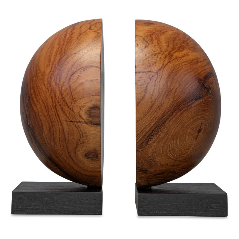 bookends round natural teak wood black base 