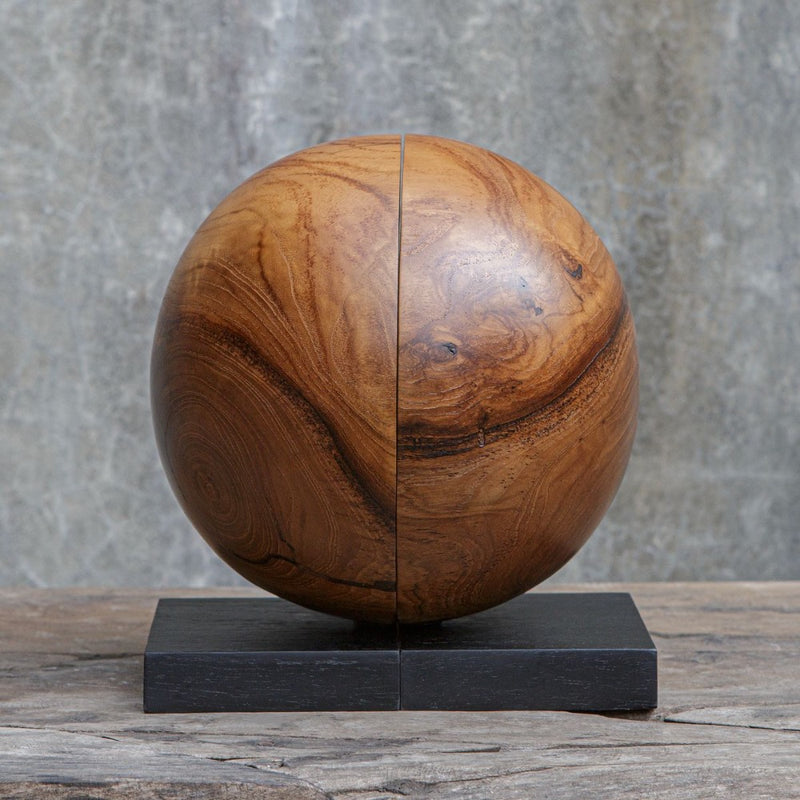 bookends round natural teak wood black base 