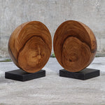 bookends round natural teak wood black base 