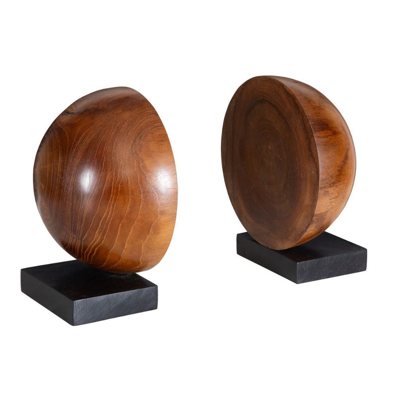 bookends round natural teak wood black base 