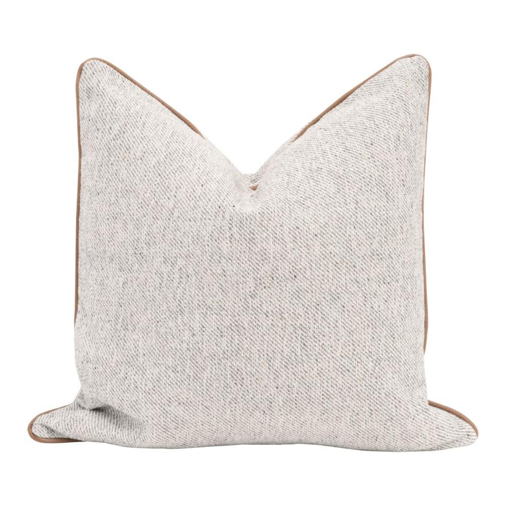 22" square pillow grey off-white tweed leather piping