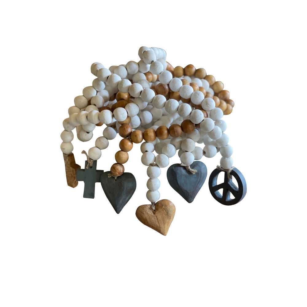 wood prayer beads white washed hanging charm mango wood decor