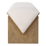 medium tone wood bench ivory sheepskin seat