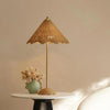 rattan table lamp scalloped edge natural organic on circle table