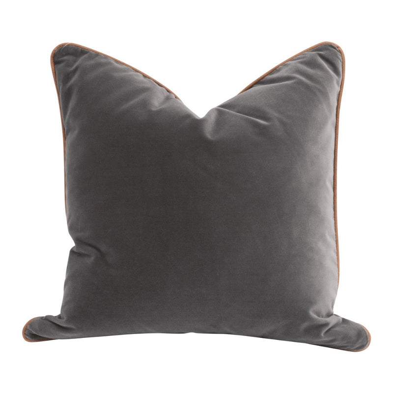 20" square pillow dark gray velvet brown leather piping