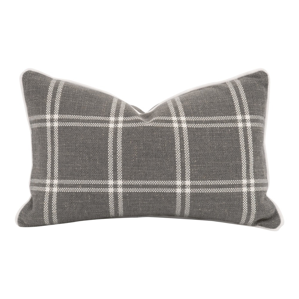 20" x 13" lumbar pillow dark gray plaid ivory piping