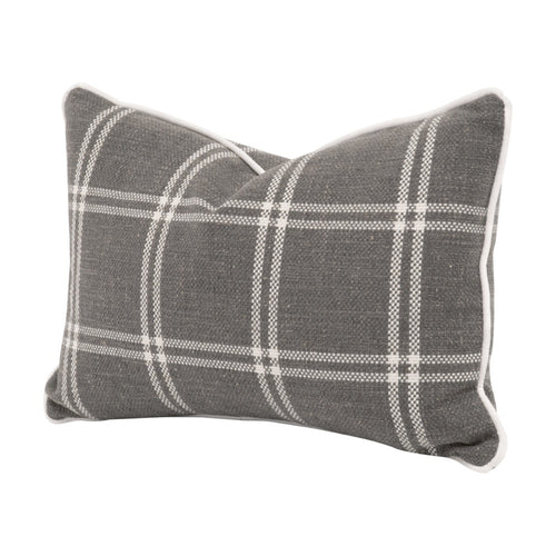 20" x 13" lumbar pillow dark gray plaid ivory piping