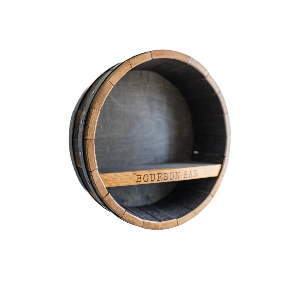 round bourbon bar barrel wall shelf whiskey quote