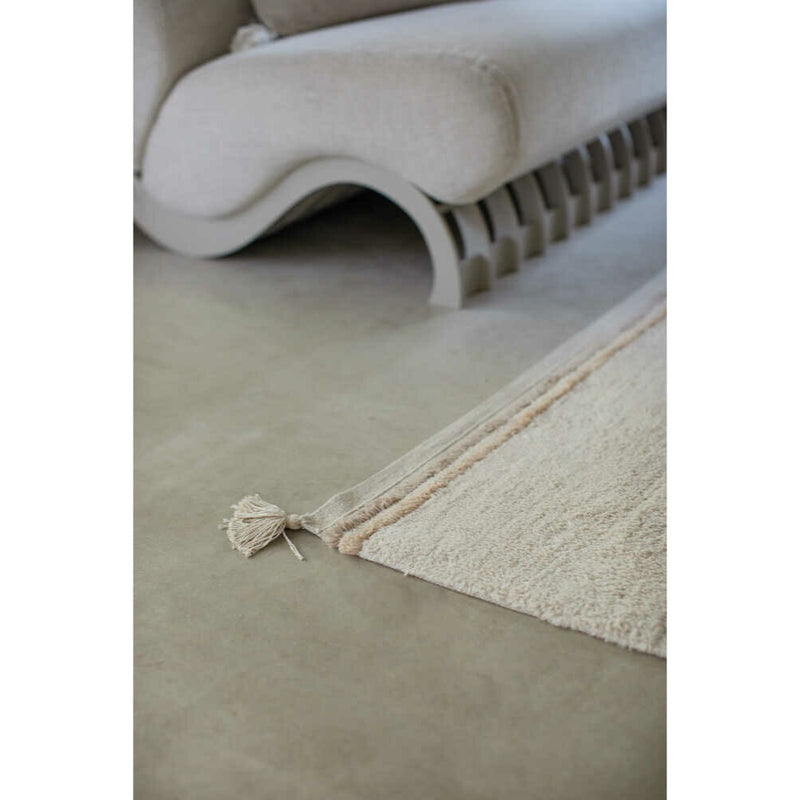 rectangle rug washable cotton beige tassel detail 