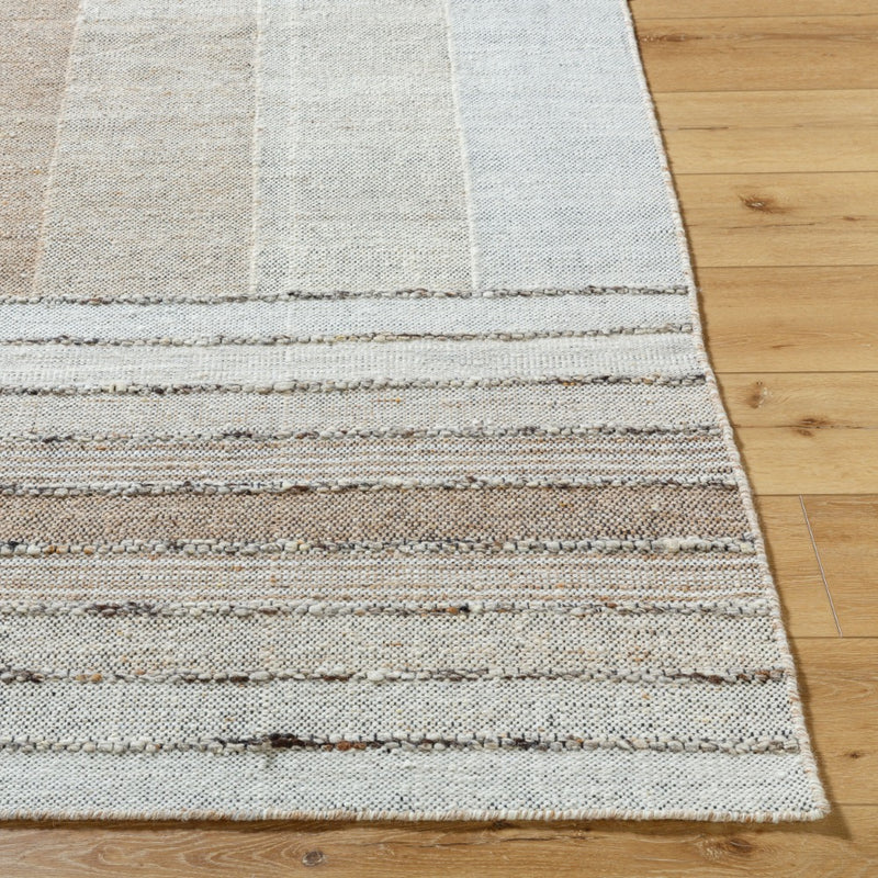 woven wool area rug neutral stripes